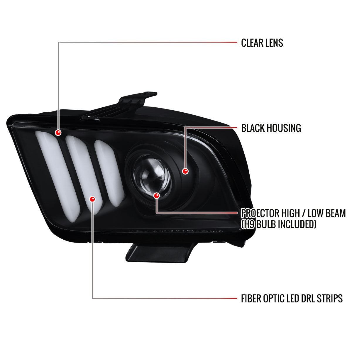 Spec-D 05-09 Ford Mustang LED Bar Projector Headlights Matte Black