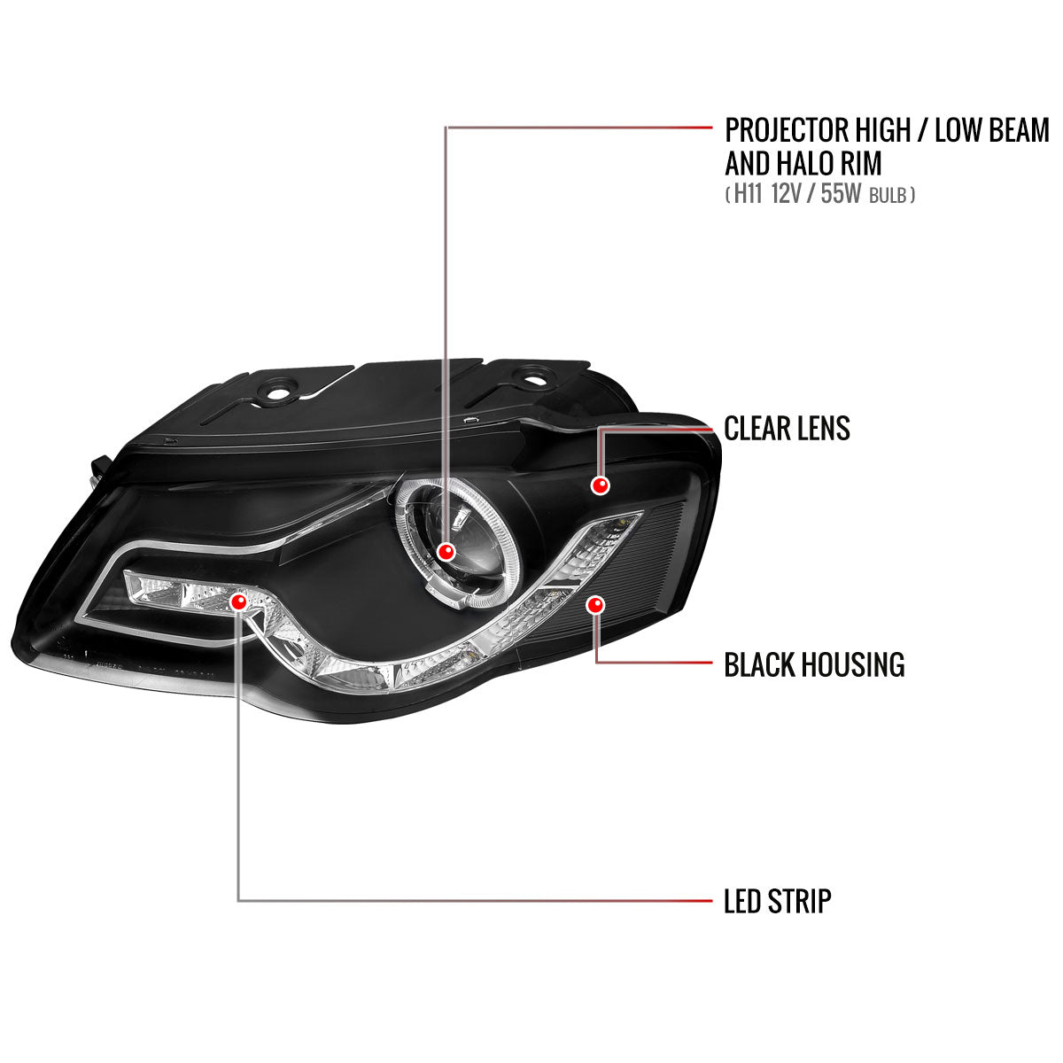 Spec-D 06-10 VW Passat Halo Headlights R8 Style Light Strip Black
