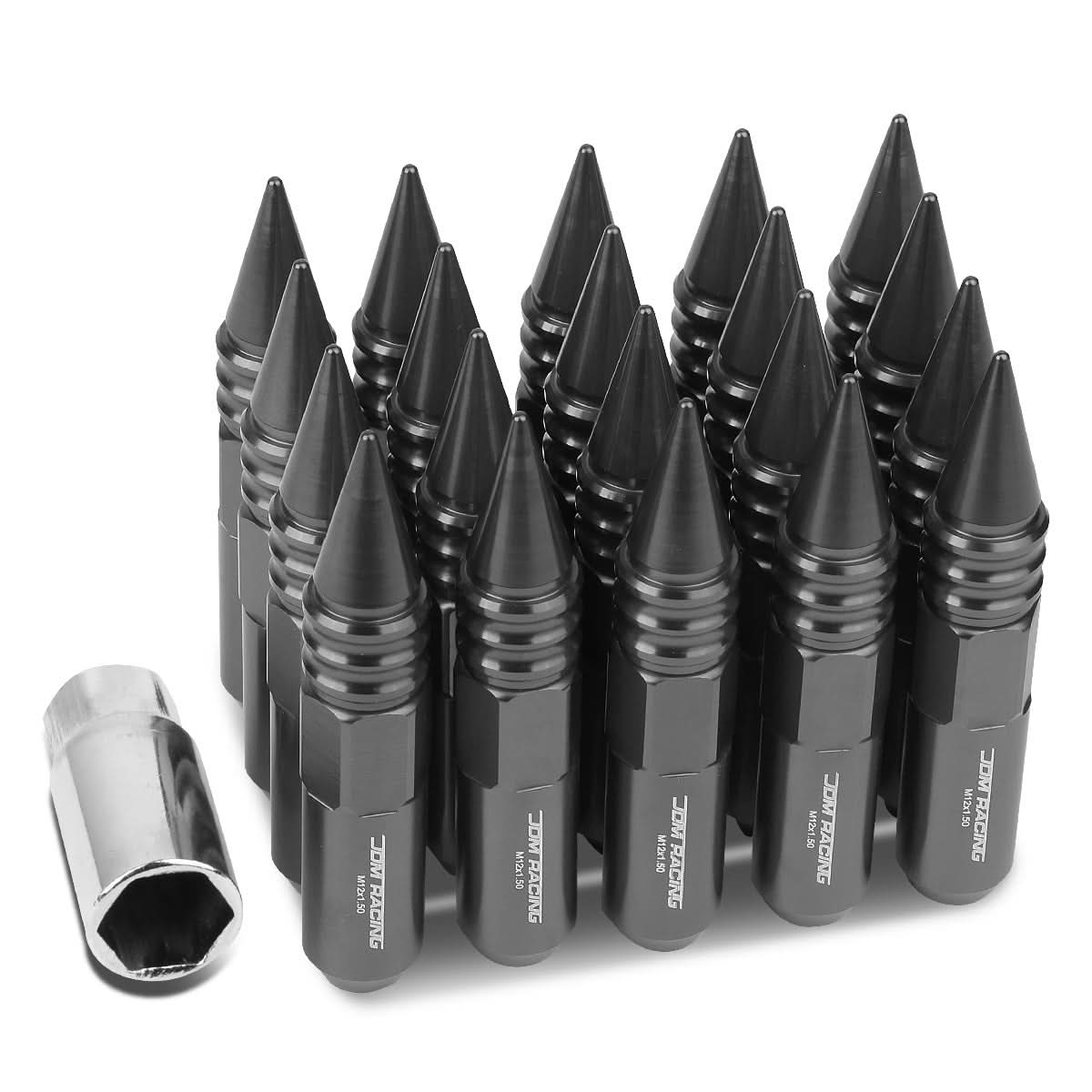 M12 x 1.5 Aluminum Lug Nuts 60mm Spike Style 20pc Set Gun Metal