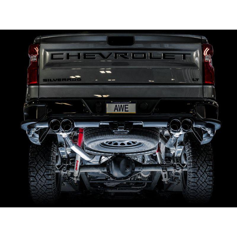AWE Tuning 4th Gen GM 1500 6.2L 0FG Catback Split Rear Exit (w/ Bumper Cutouts) - Quad Chrome Tips