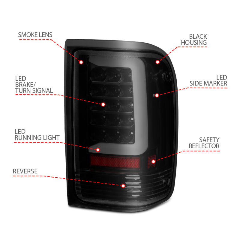 ANZO 1993-1997 Ford Ranger LED Tail Lights w/ Light Bar Black Housing Clear Lens 311360