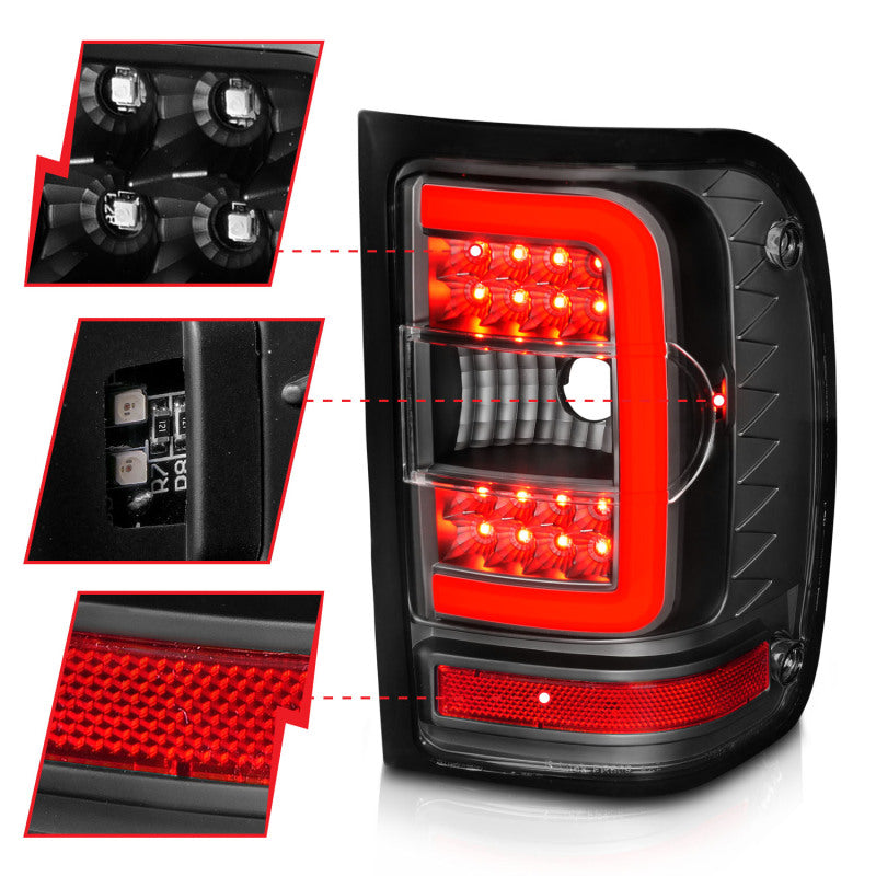 ANZO 2001-2011 Ford Ranger LED Tail Lights w/ Light Bar Black Housing Clear Lens 311390