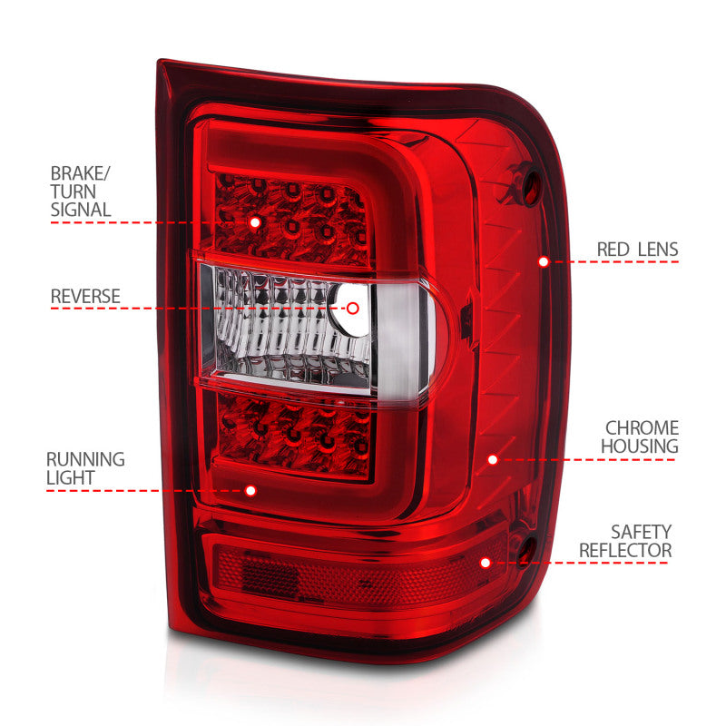 ANZO 2001-2011 Ford Ranger LED Tail Lights w/ Light Bar Chrome Housing Red/Clear Lens 311393