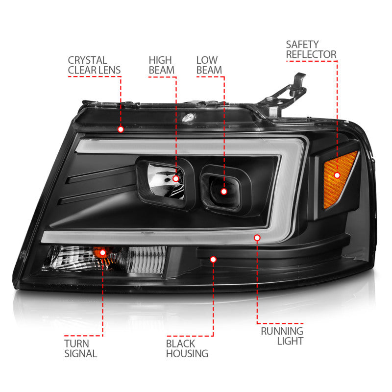 ANZO 2004-2008 Ford F-150 Projector Headlights w/ Light Bar Black Housing 111541