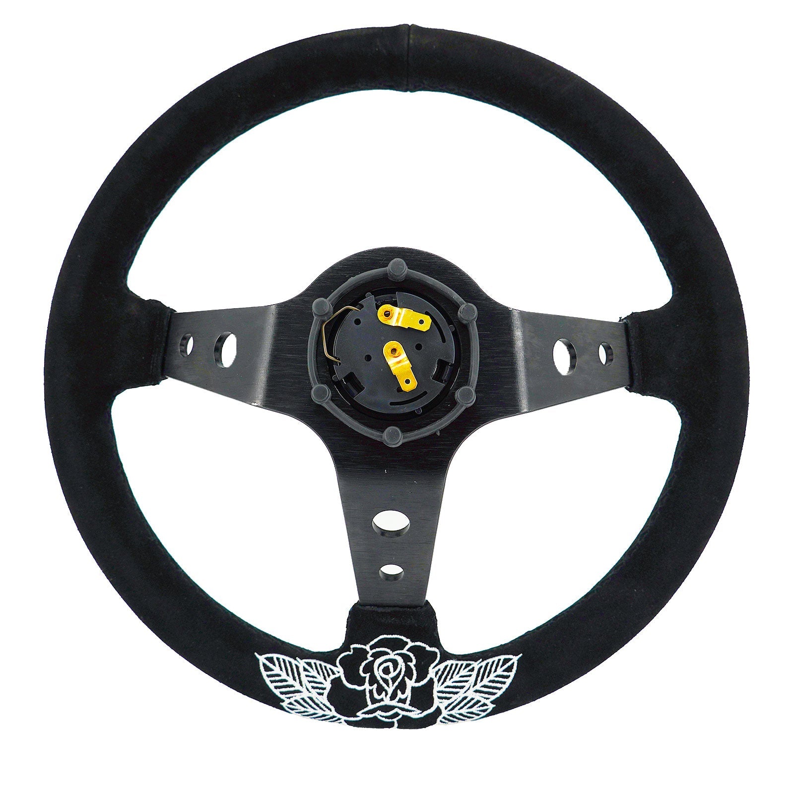 Custom Rose Universal 350mm 3" Deep Dish 6-Bolt Steering Wheel Black Suede Alcantara
