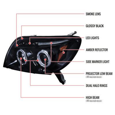 Spec-D 03-05 4Runner Halo LED Projector Headlights Black/Smoked