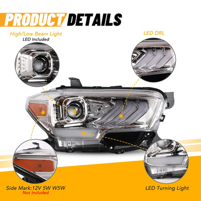 Winjet 2016-2023 Toyota Tacoma DRL Head Lights - Chrome/Clear