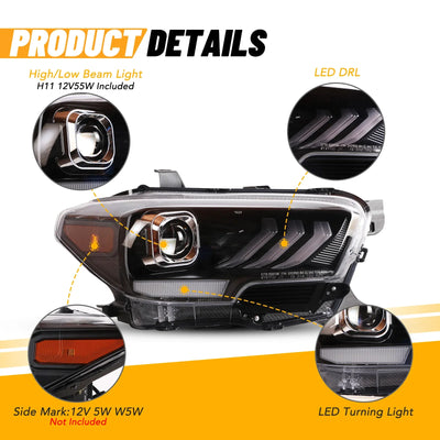 Winjet 2016-2023 Toyota Tacoma DRL Head Lights - Matte Black/ Clear