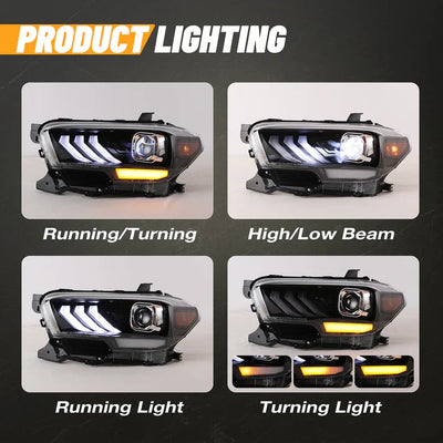 Winjet 2016-2019 Toyota Tacoma/2020-2023 Tacoma SR SR5 TRD Sport DRL Head Lights - Matte Black/ Clear