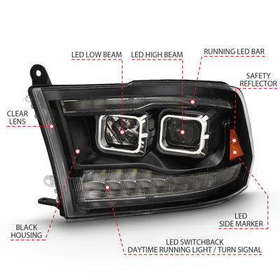 ANZO 2009-2018 Dodge Ram 1500 Projector H.L. Switchback Chrome Amber 111442