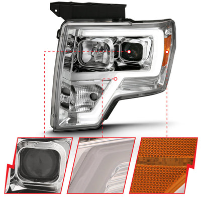 ANZO 2009-2014 Ford F-150 Projector Headlight Plank Style Chrome Amber 111444