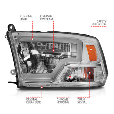 ANZO 2009-2020 Dodge Ram 1500 Full LED Square Projector Headlights w/ Chrome Housing Chrome Amber 111540