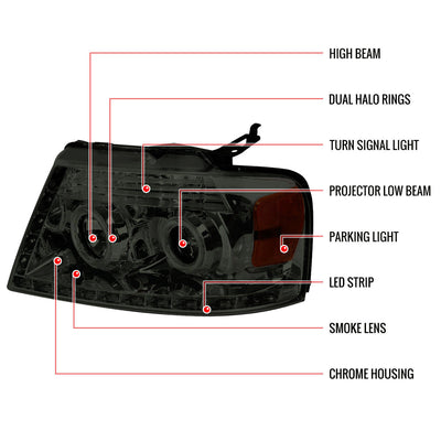 Spec-D 04-08 Ford F150 Projector Headlights LED strip Chrome
