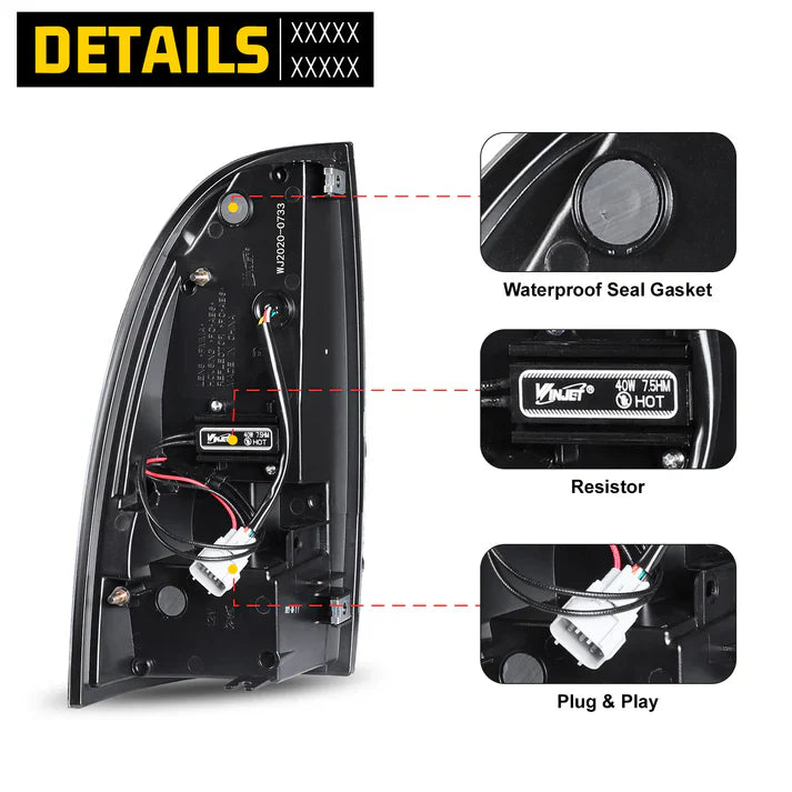 Winjet 2005-2015 Toyota Tacoma LED Sequential Tail Light w/Yellow Turn Signal - Glossy Black / Clear