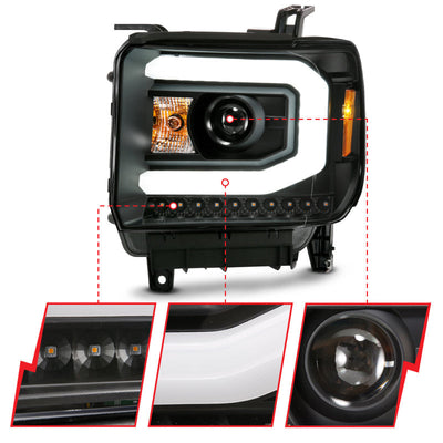 ANZO 2014-2015 Gmc Sierra 1500 Projector Headlight Plank Style Black w/ Switchback (Halogen Type) 111487