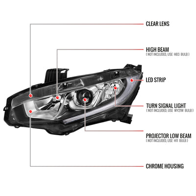 Spec-D 16-21 Honda Civic Projector Headlights OEM Style Chrome