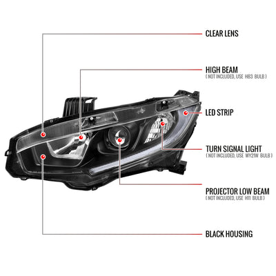 Spec-D 16-21 Honda Civic Headlights OEM Style Projector Black.