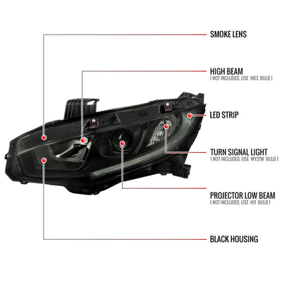 Spec-D 16-21 Honda Civic Headlights LED Strip OEM Style Black/Smoked