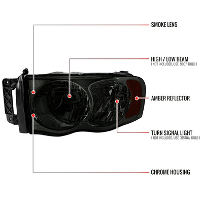 Spec-D 02-05 Ram 1500/03-05 Ram 2500 3500 Headlights OEM Style Smoked