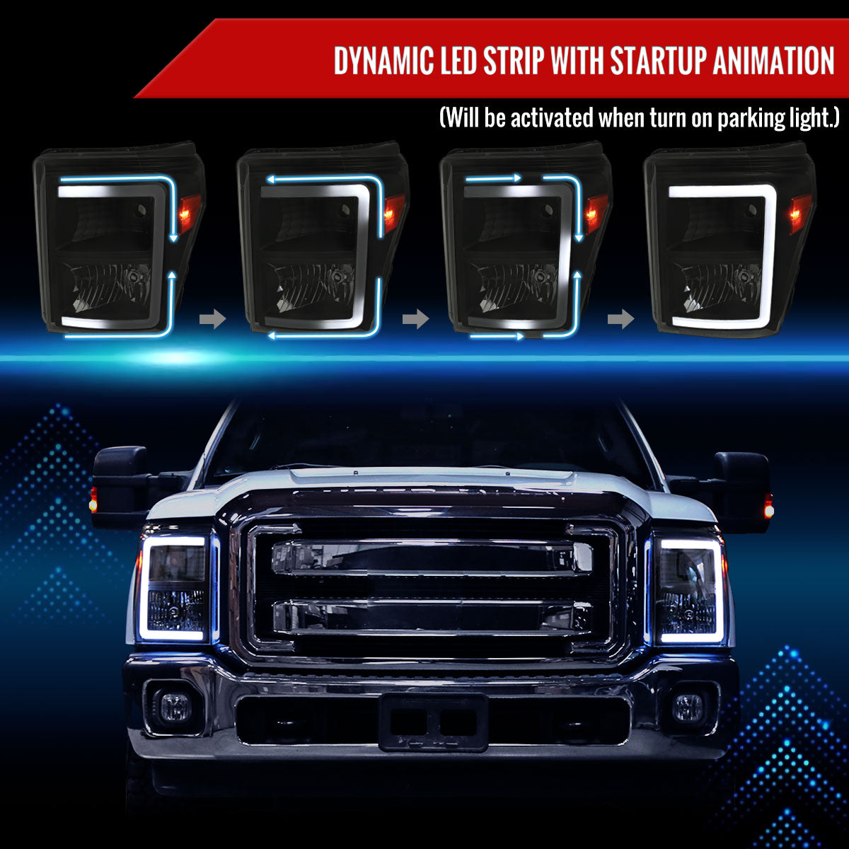 Spec-D 11-16 Ford Super Duty Headlights LED C-Bar Smoked.