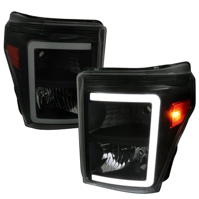 Spec-D 11-16 Ford Super Duty Headlights LED C-Bar Smoked.