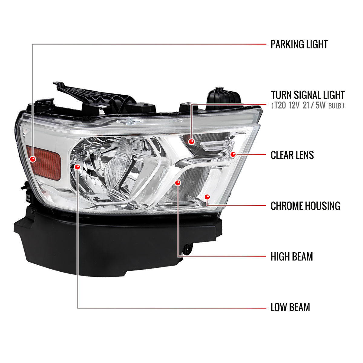 Spec-D 19-24 Ram 1500 Passenger Headlight Chrome Replacement