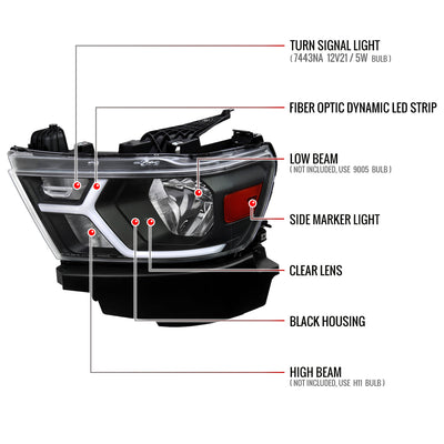 Spec-D 19-24 Ram 1500 Headlights Animated LED Bar OEM Style Black
