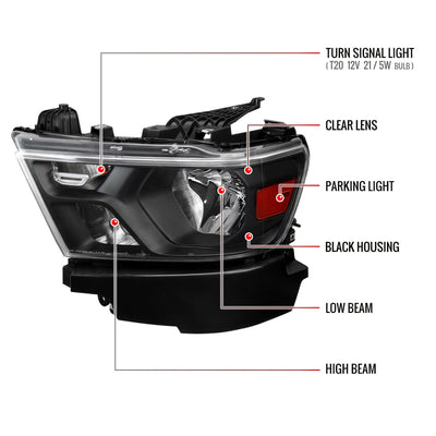Spec-D 19-24 Ram 1500 Driver Headlight Black/Clear Replacement