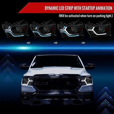 Spec-D 19-24 Ram 1500 Headlights Animated LED Bar Smoked.