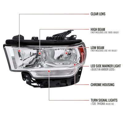Spec-D 19 Dodge Ram 2500 3500 OE Halogen Headlight Left- Chrome