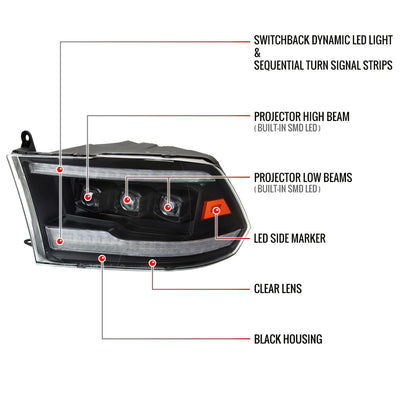 Spec-D 10-18 Ram 1500 2500 3500 /19-21 Ram Classic SEQ Headlights Blk