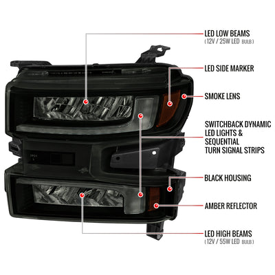 Spec-D 19-21 Silverado 1500 Pro Headlights with SEQ Turn Black/Smoked