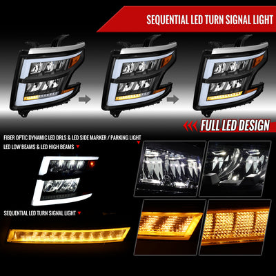 Spec-D 15-20 Chevy Tahoe Suburban Full DRL SEQ Matte Headlights Black