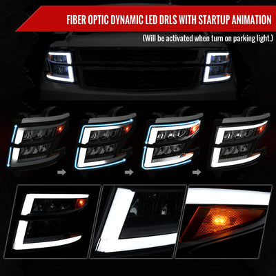 Spec-D 15-20 Chevy Tahoe Suburban Full DRL SEQ Headlights Black/Smoked