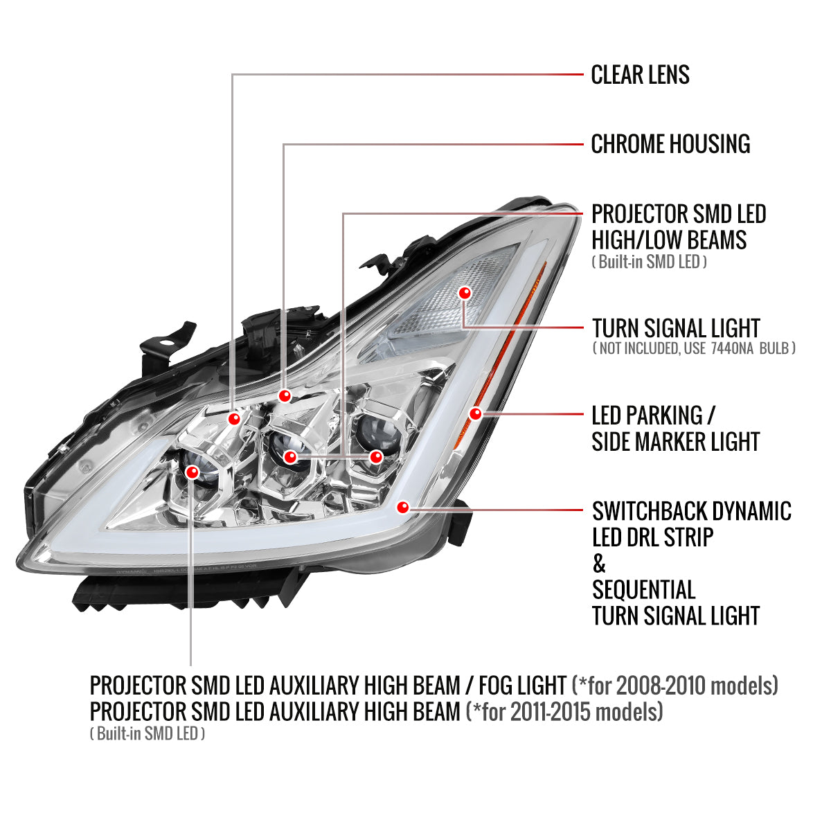 Spec-D 08-13 G37/14-15 Q60 2DR Triple Projector Headlights SEQ Clear
