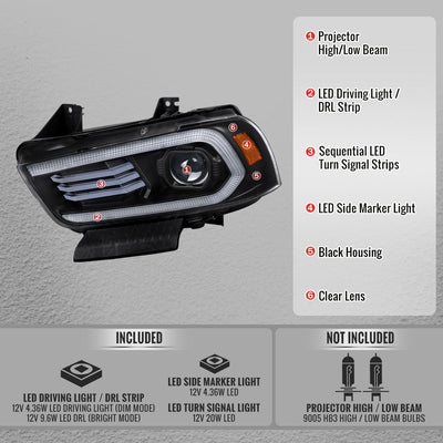 Spec-D 11-14 Dodge Charger Projector Headlights Sequential Black