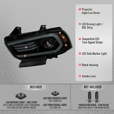 Spec-D 11-14 Dodge Charger Projector Headlight Matte Black/Smoked Lens