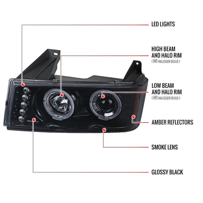 Spec-D 04-12 GMC Canyon/ Colorado Halo Headlights Black/Smoked