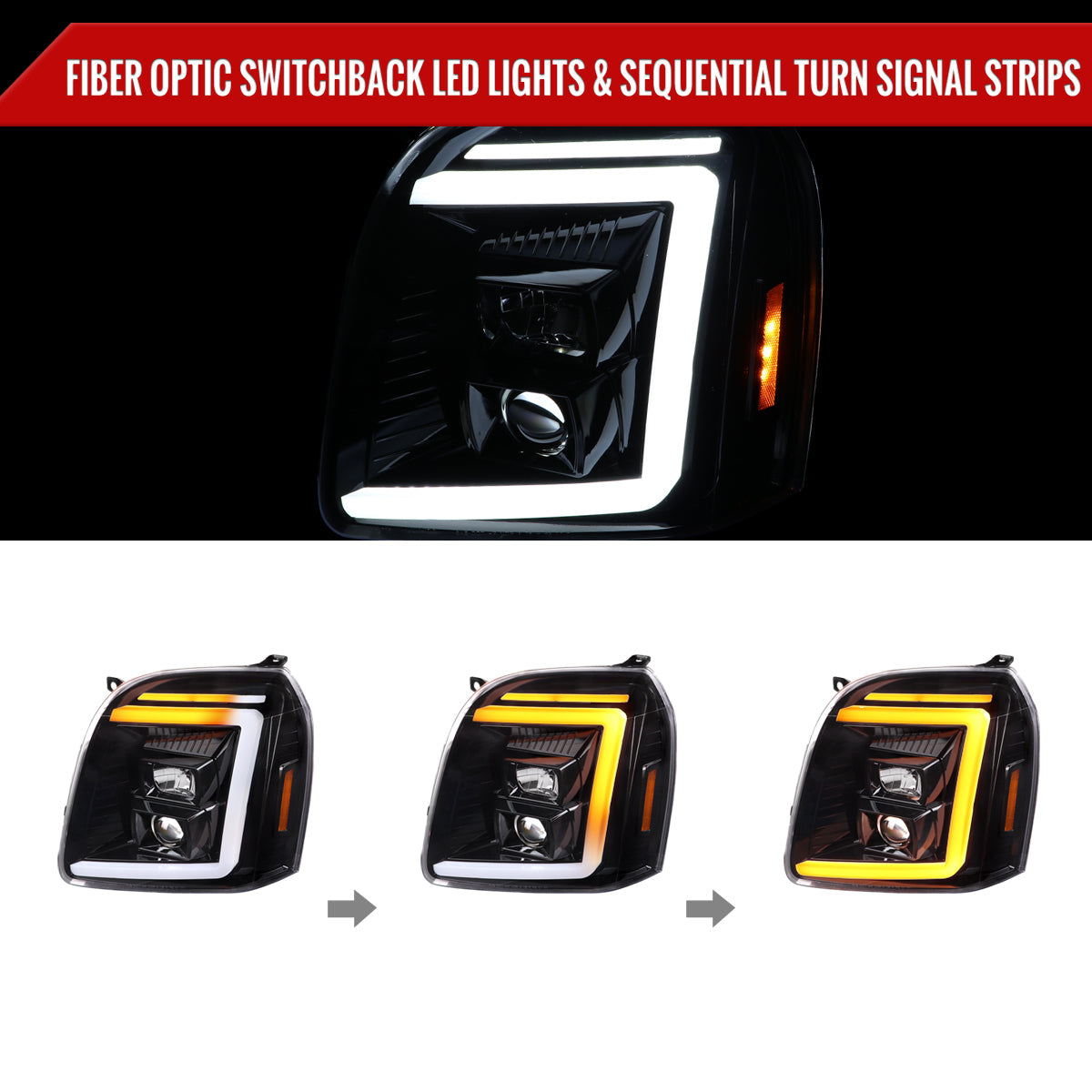 Spec-D 07-14 GMC Yukon Headlights G2 Sequential Jet Black/Clear