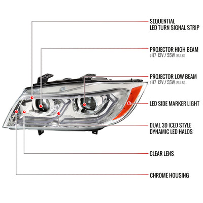 Spec-D 06-11 BMW E90 3-Series 4DR LED Projector Headlights Chrome