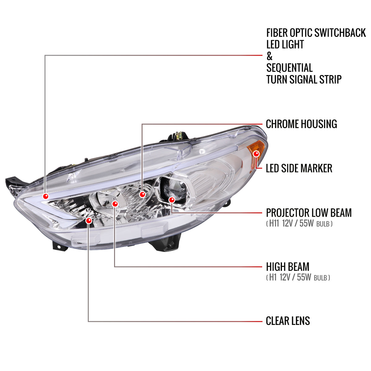 Spec-D 13-16 Ford Fusion Switchback SEQ Projector Headlights Chrome