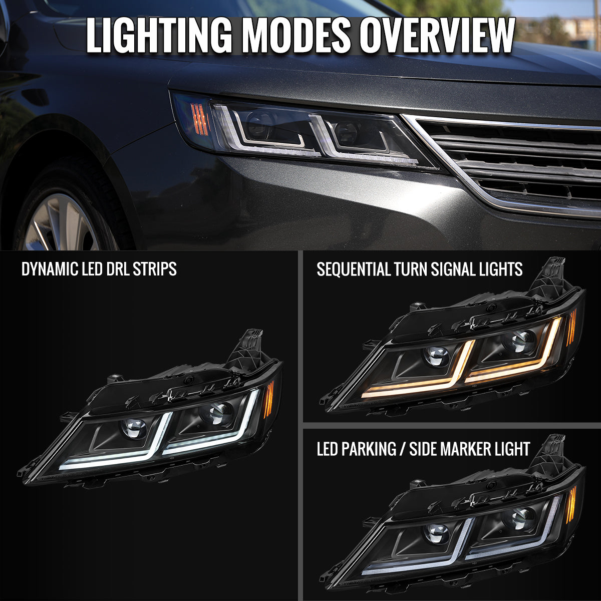 Spec-D 14-20 Chevy Impala Headlights Full LED Sequential Matte Black