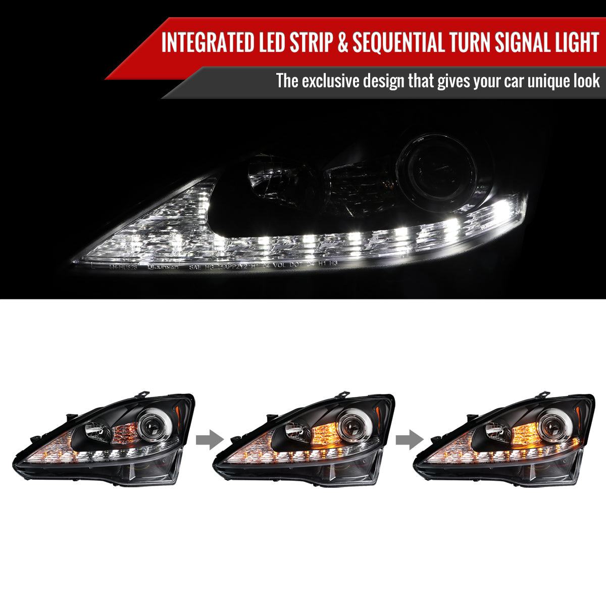 Spec-D 06-10 Lexus IS250 IS350 Headlights Sequential LED Strip Black