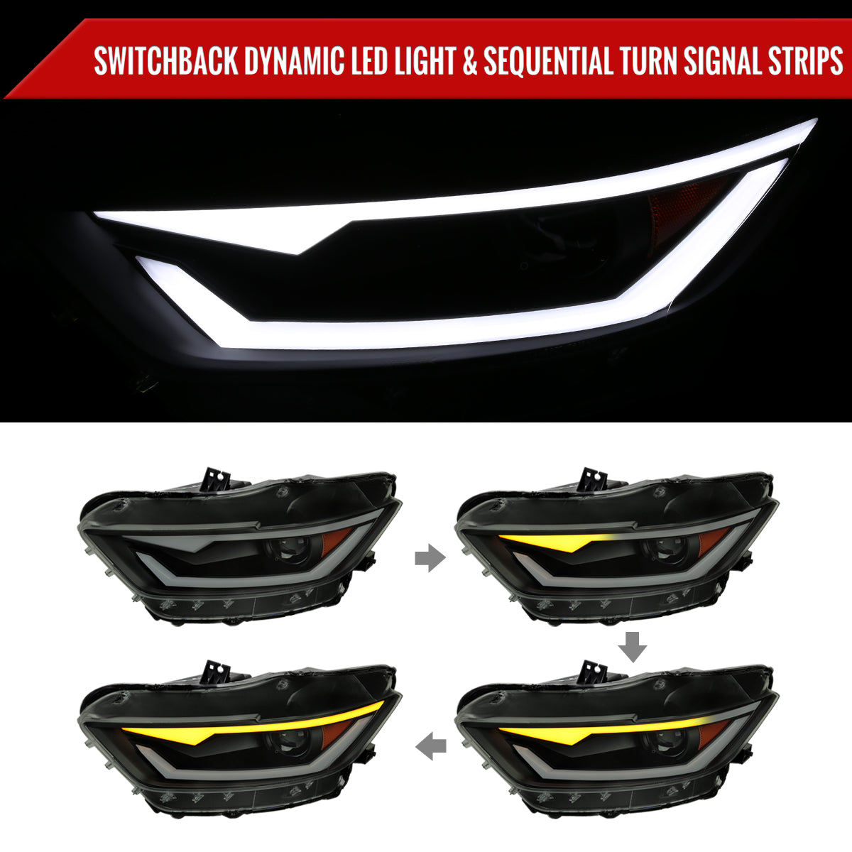 Spec-D 15-17 Ford Mustang Headlights Sequential LED Strip Smoked.