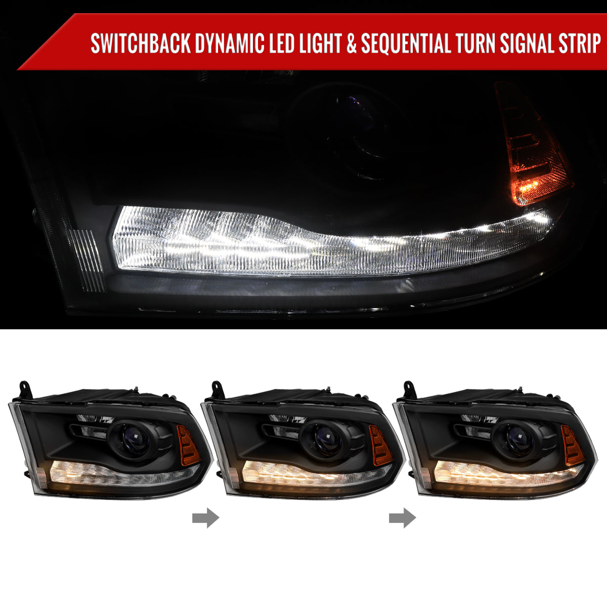 Spec-D 13-18 Ram 1500 2500 3500 SEQ Bar Projector Headlights Black