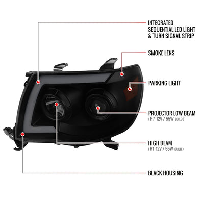 Spec-D 05-11 Tacoma LED Bar Projector Headlights SEQ Lights Blk Smoked