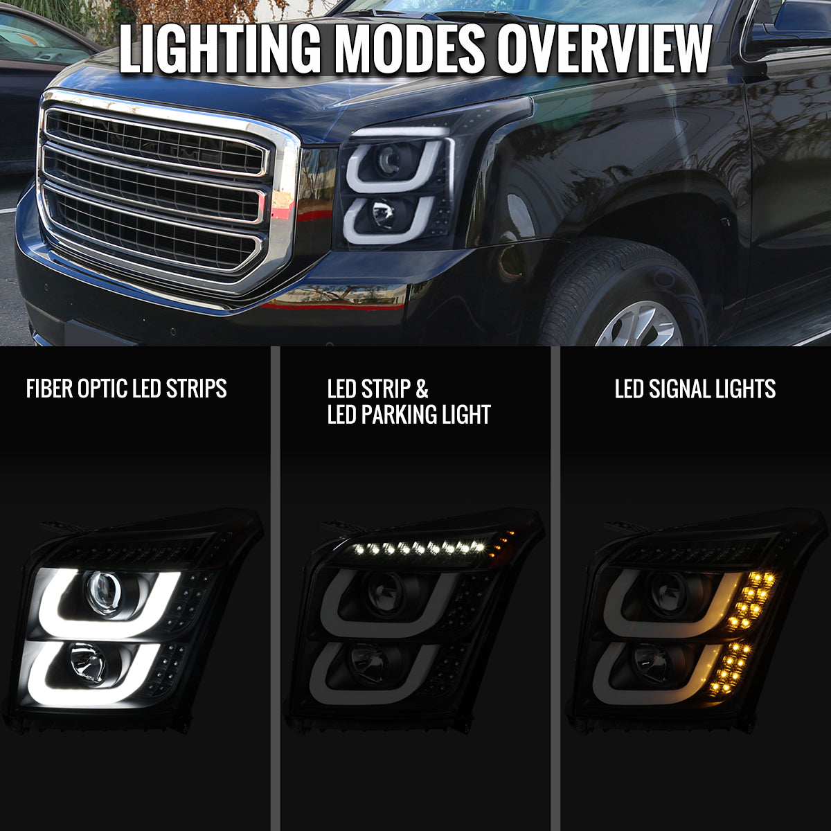 Spec-D 15-20 GMC Yukon/Yukon XL LED U-Bar Projector Headlights Black