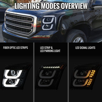Spec-D 15-20 GMC Yukon/Yukon XL LED U-Bar Projector Headlights Black