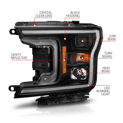 ANZO 2018-2020 Ford F-150 Projector Headlight w/ Plank Style Switchback Black Housing 111509