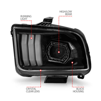 ANZO 05-09 Ford Mustang (w/Factory Halogen HL Only) Projector Headlights w/Light Bar Black Housing 121566